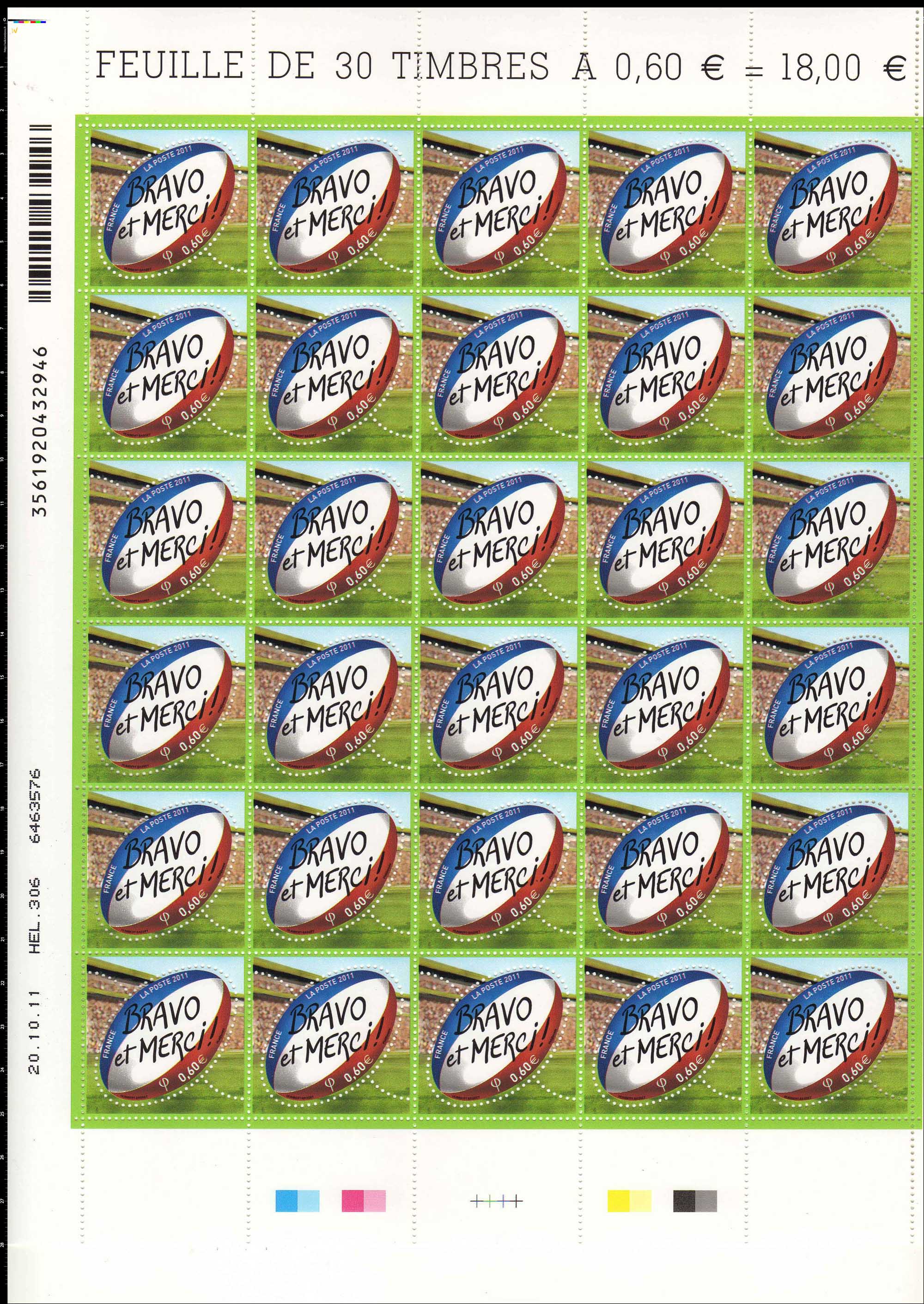 Timbre Rugby BRAVO ET MERCI