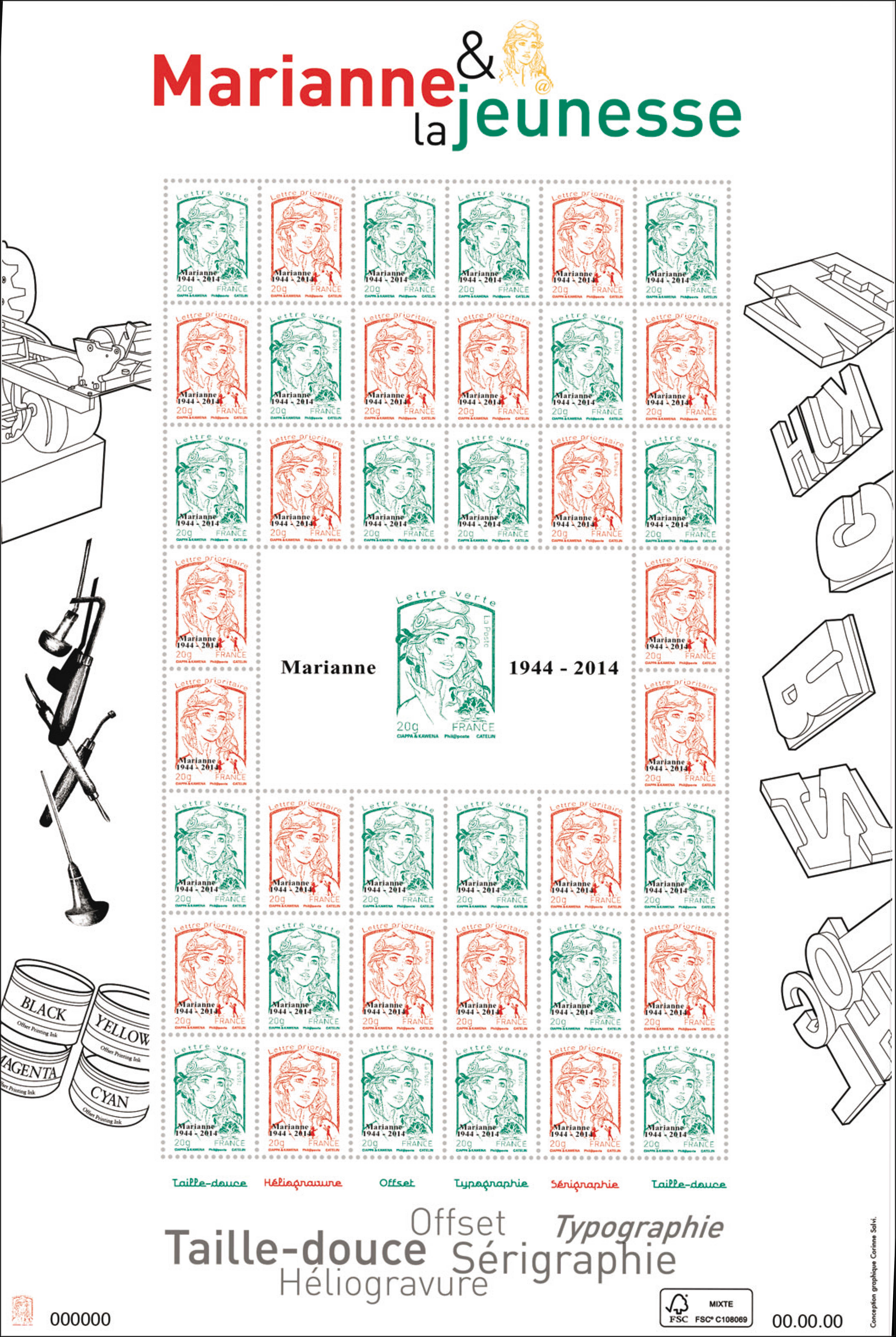 2014 Feuille Marianne & la jeunesse multitechnique surchargée en typo