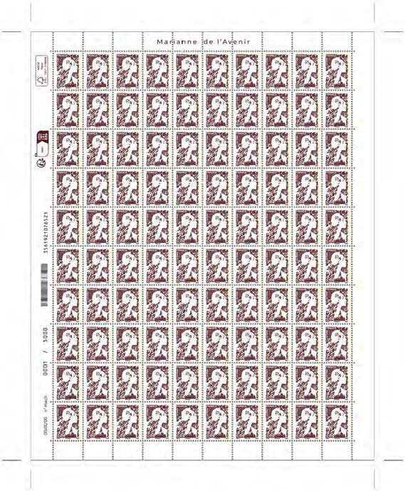 2025 FEUILLE INDIVISIBLE DE 100 TIMBRES MARIANNE DE L’AVENIR 10 CTS