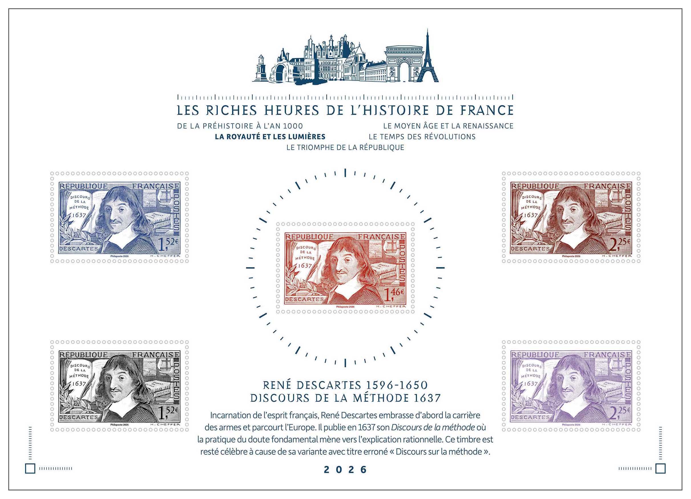 2026 LES RICHES HEURES DE L’HISTOIRE DE FRANCE LA ROYAUTÉ ET LES LUMIÈRES - René Descartes 1596-1650 discours de la méthode 1637