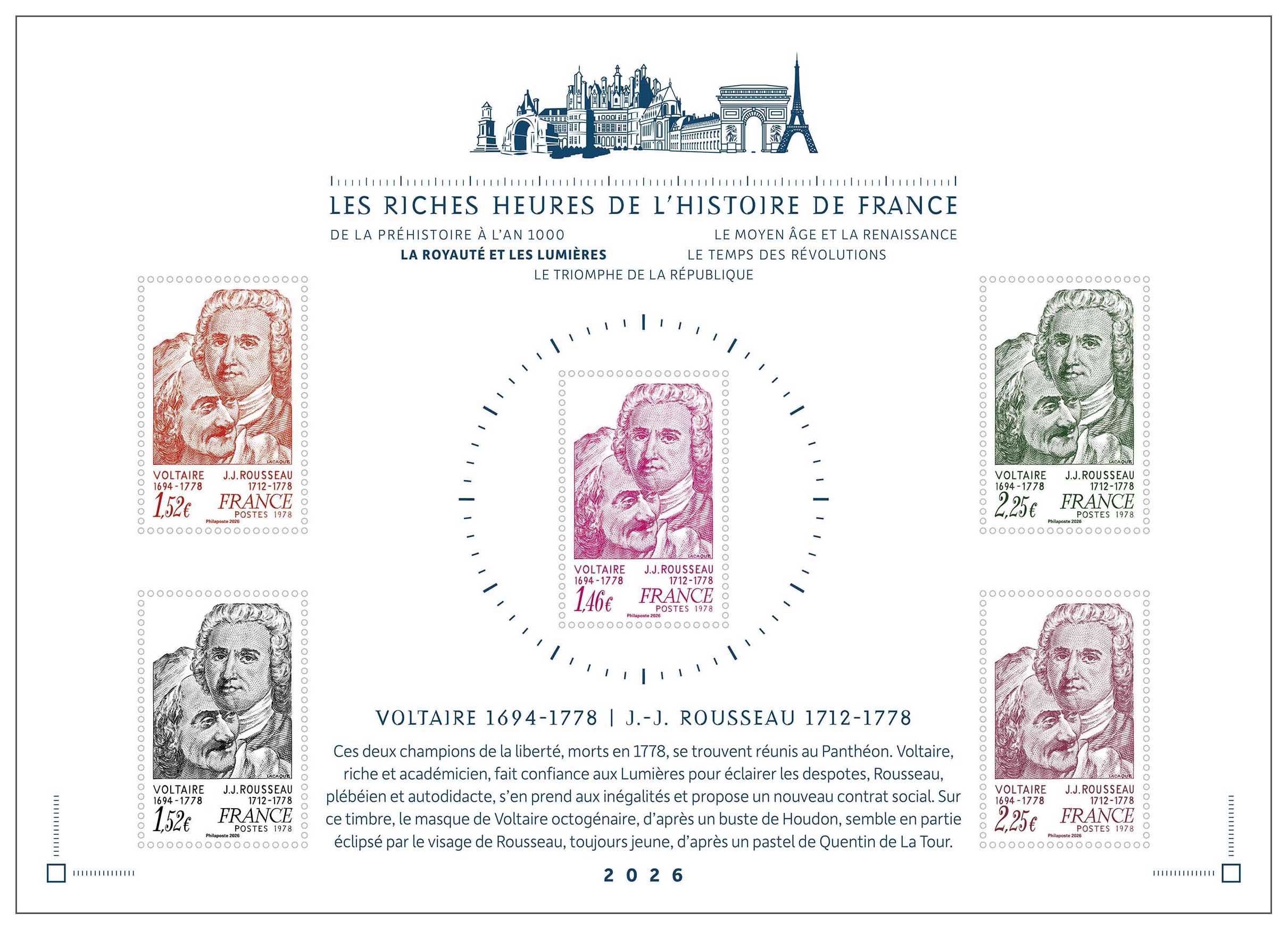 2026 LES RICHES HEURES DE L’HISTOIRE DE FRANCE LA ROYAUTÉ ET LES LUMIÈRES - Voltaire 1694-1778 – J.-J. Rousseau 1712-1778
