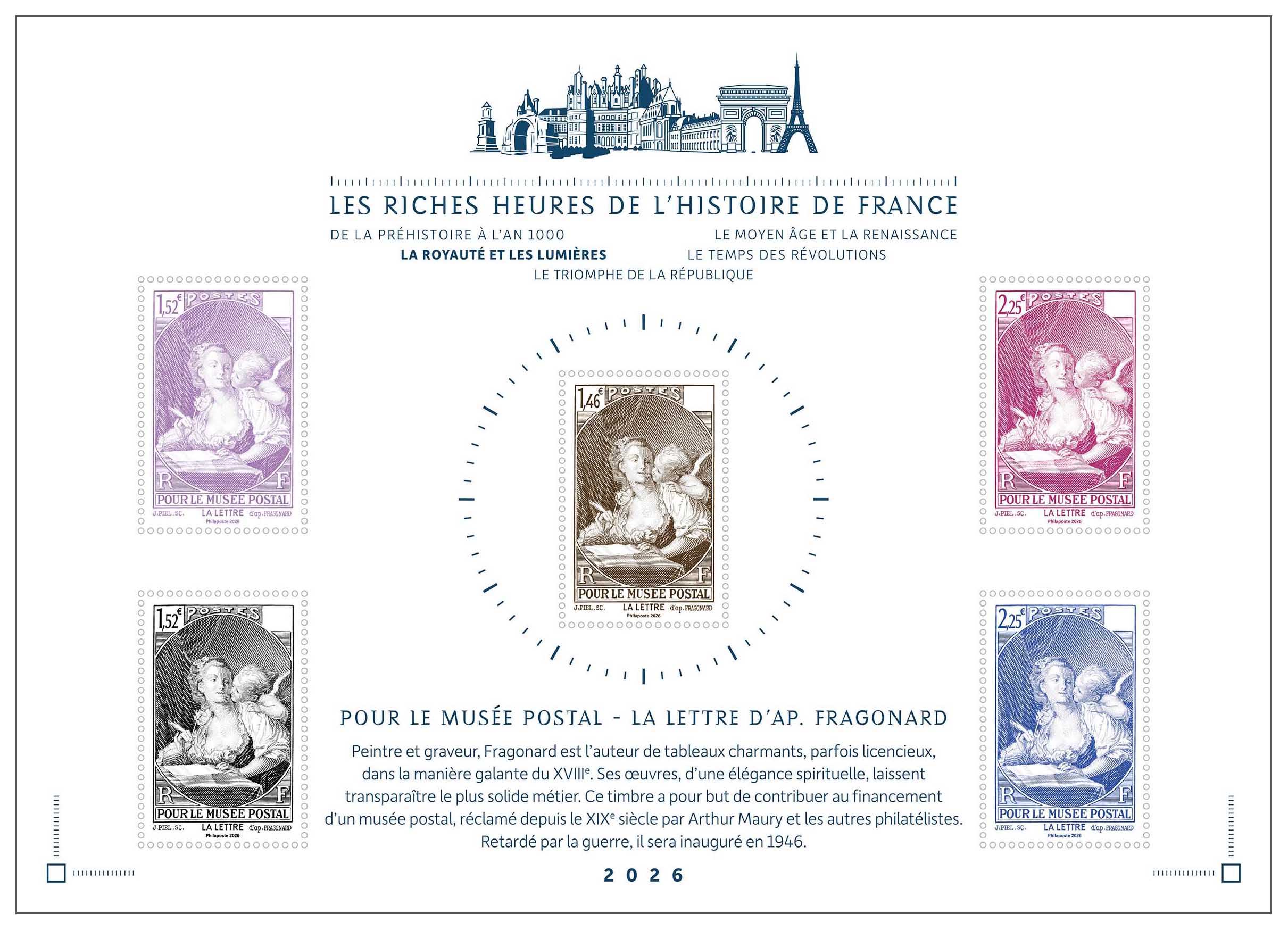 2026 LES RICHES HEURES DE L’HISTOIRE DE FRANCE LA ROYAUTÉ ET LES LUMIÈRES - Pour le musée postal – la lettre d’ap. Fragonard