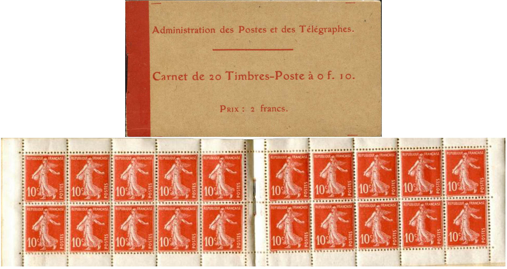 1907 Administration des Postes et des télégraphes Carnet de 20 Timbres-Poste