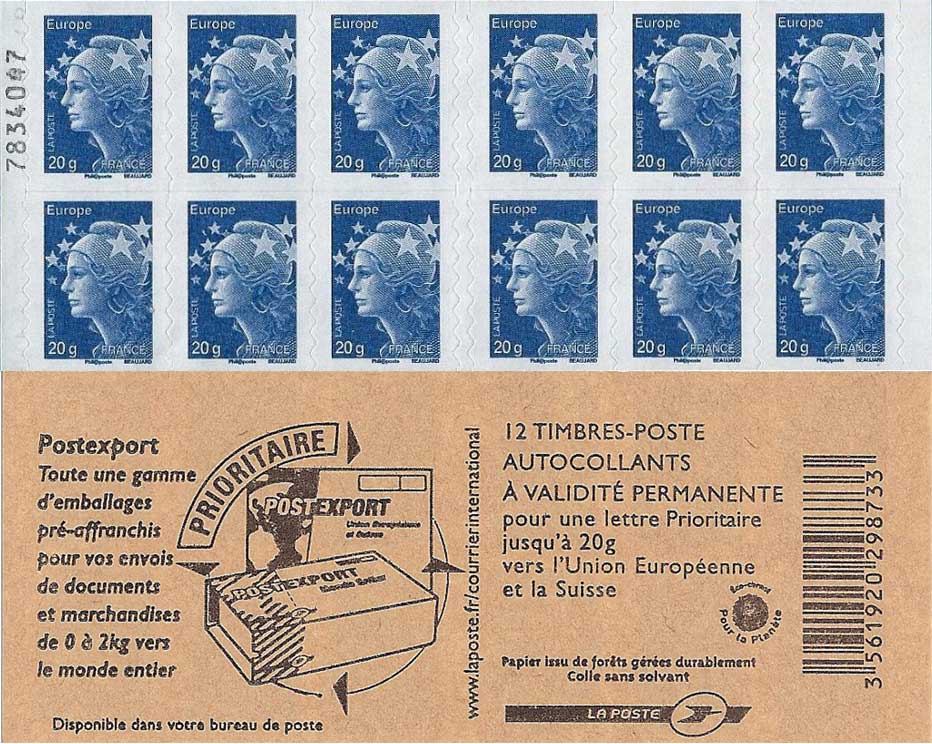 Carnet Postexport  2011 de 12 TVP bleus légendés 20g Europe