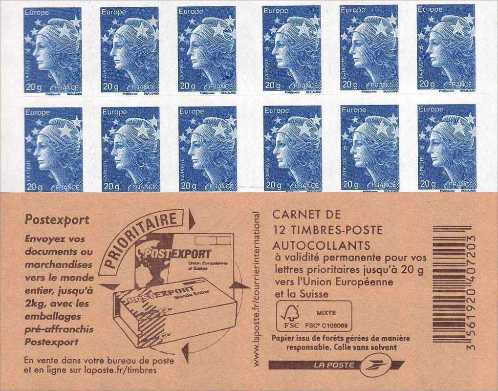 Carnet de 12 TVP bleu Marianne de l'Europe - nouvelle couverture Postexport 2012