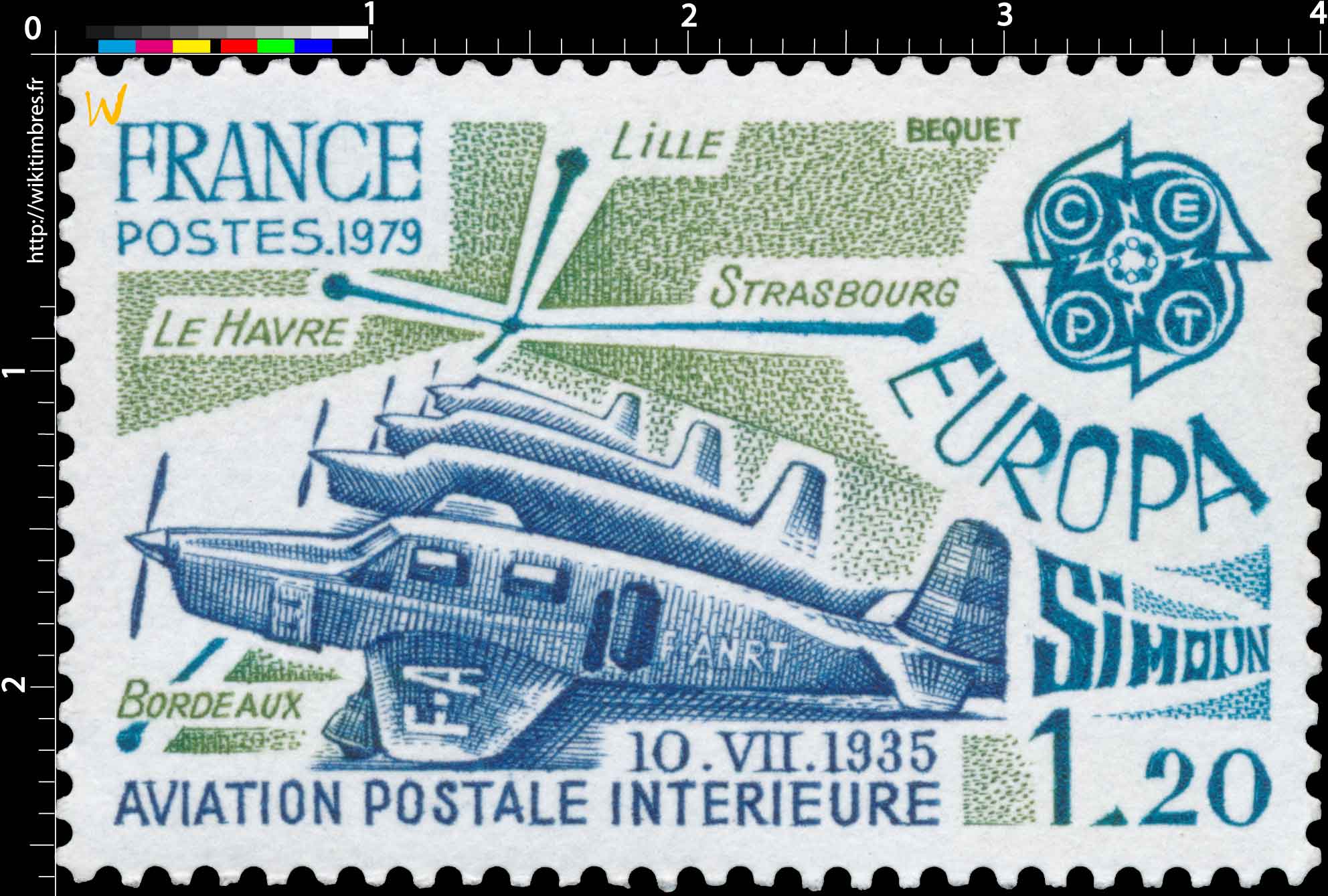 1979 EUROPA CEPT AVIATION POSTALE INTÉRIEURE 10.VII.1935 LILLE - LE HAVRE - STRASBOURG - BORDEAUX