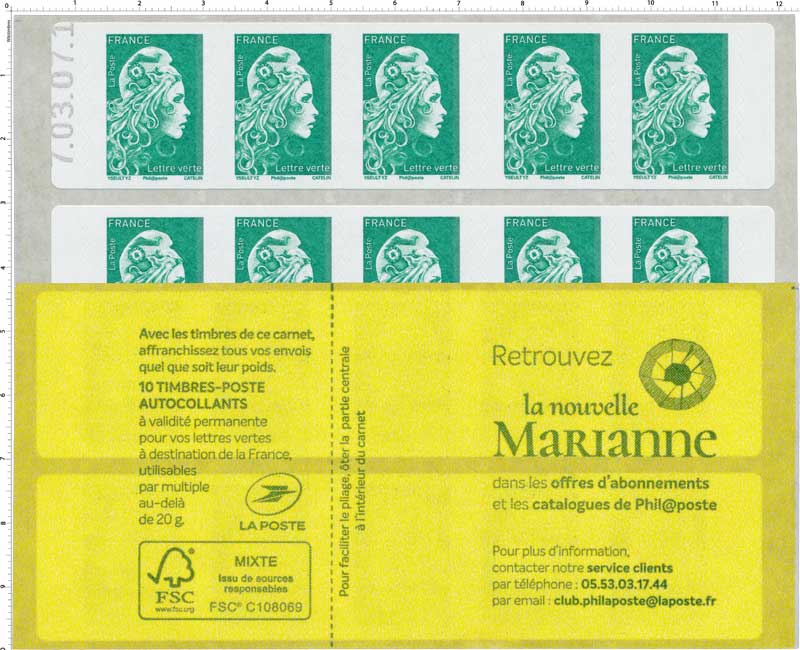 Carnet distributeur de 10 timbres autoadhésifs pour lettres vertes