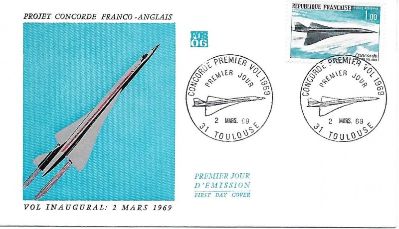 FRd enveloppe avion  1er jour Concorde 31 Toulouse  1969 