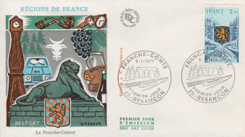 Enveloppe 1er Jour timbre 1977 BESANCON DOUBS JURA FRANCHE-COMTE BELFORT 