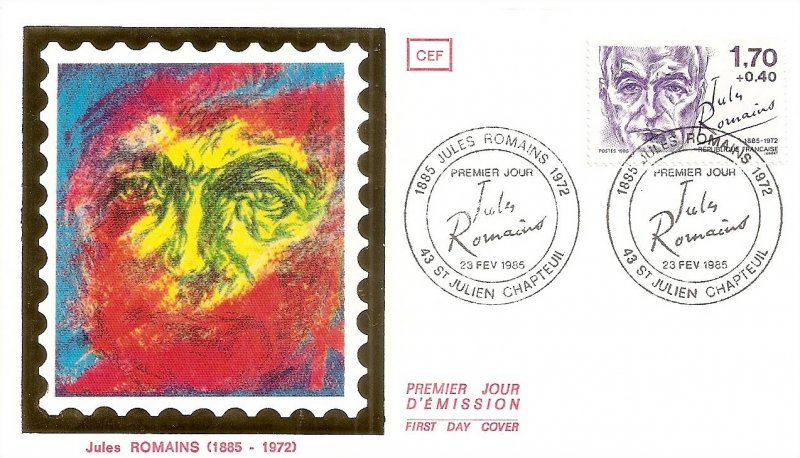 Enveloppe 1er Jour timbre 1985 Jules ROMAINS écrivain SAINT-JULIEN-CHAPTEUIL 2 